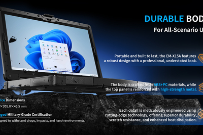 Emdoor X15A v.20 - Rugged laptop with powerful i7 processor, 32GB RAM, GPS, NFC, 1000 nit display, and IP65 housing - for operational and field services