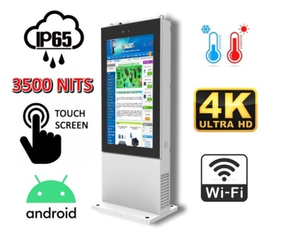 infokiosk zewnętrzny przemysłowy wolnostojący cichy NoMobi Trex 86 cali totem podświetlany