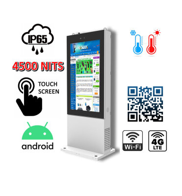 Totem zewnętrzny informacyjno -reklamowy Gablota zewnętrzna odporna na deszcz i mróz Infokiosk z normą odporności IP NoMobi Trex Hi65