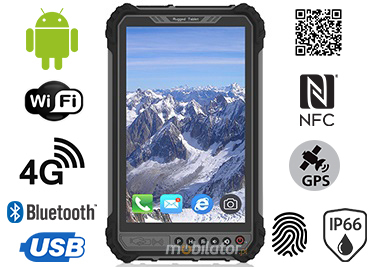 MobiPAD 9TS-6A - Tablet dla kopalni z modułem NFC, Skanerem 2D Newland N1 oraz czytnikiem linii papilarnych. 8-calowy ekran 1280x800, jasność 1000 nits, Android 11, odporny na wodę i wstrząsy IP66. Oferuje 4GB RAM, LTE 4G, WiFi, Bluetooth, bateria 10
