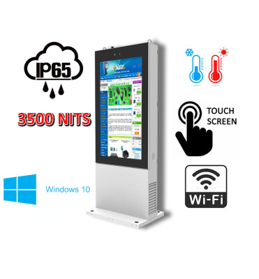 zewnętrzny totem LCD z ekranem o jasności 3500 nitów Gablota zewnętrzna odporna na deszcz i mróz Infokiosk z normą odporności IP  NoMobi Trex Hi55W