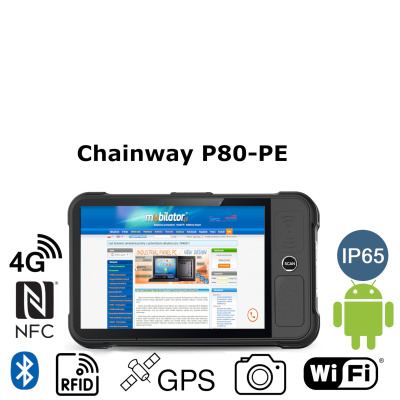 Tablet przemysłowy o przekątnej ekranu 8 cali, z czytnikiem kodów 1D oraz 2D Zebra, dwoma wejściami PSAM i przednim UHF RFID Chainway P80 