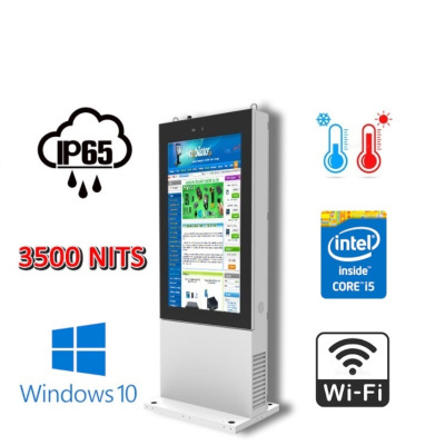 NoMobi Trex 65W v.2 - Przystosowany do pracy w niskich i wysokich temperaturach zewnętrzny kiosk informacyjny z ekranem 65 cali o jasności 3500 nitów, systemem grzewczym