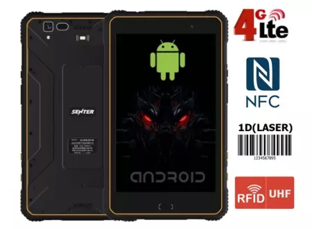 Senter S917 v.10 - Wzmocniony Tablet Przemysłowy na produkcję z Androidem 8.1, NFC, czytnikiem radiowym UHF RFID 1.8m i laserowym skanerem kodów kreskowych 1D Zebra EM1350