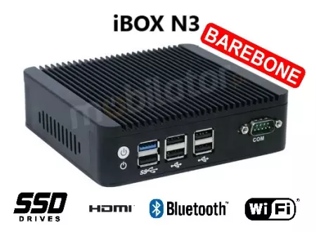 IBOX N3 v.1 BAREBONE - Rugged miniPC with Intel Celeron processor, 4x USB 2.0, 2x USB 3.0, 1x RJ-45 COM and 2x RJ-45 LAN 