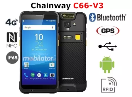Przemysłowy Terminal kodów kreskowych z normą wodoszczelności i  pyłoszczelności z czytnikiem UHF RFID Chainway C66-V3 