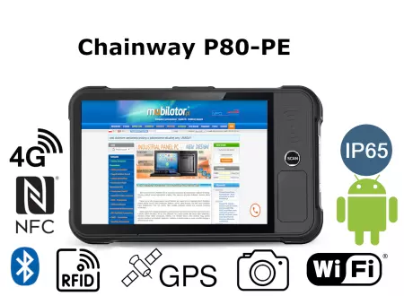 Tablet przemysłowy o przekątnej ekranu 8 cali, z czytnikiem kodów 1D oraz 2D Zebra, dwoma wejściami PSAM i przednim UHF RFID Chainway P80 