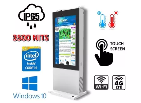 NoMobi Trex 65W v.4 - wodoodporny (IP65) wzmocniony reklamowy ekiosk stojący - na zewnątrz z dotykowym ekranem 65 cali czytelnym w słońcu, z alarmem i dostawą drogą kolejową ok. 25 dni
