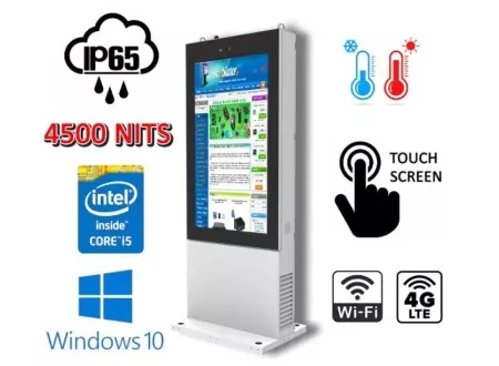 NoMobi Trex 65W v.10 - wytrzymały zewnętrzny nowoczesny totem stojący z 65-calowym dotykowym wyświetlaczem FHD o jasności 4500 nitów, Internet 4G, odporny na kradzież, system dogrzewania zimą (ok. 2,5 miesiąca dostawy)