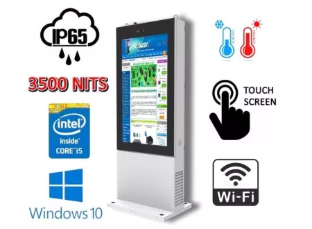 NoMobi Trex 65W v.14 - Ogrzewany ekiosk zewnętrzny stojący jednostronny 65 cali, odporny na mróz z dotykowym interaktywnym wyświetlaczem (1920x1080p) i szkłem hartowanym, normą odporności IP65 i systemem sterującym online