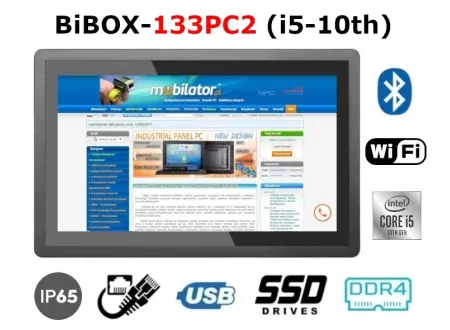 13-calowy, panelowy komputer przemysłowy o stopniu ochrony IP65 na ekran, modułem WiFi i Bluetooth, 16 GB RAM i dyskiem 512 GB SSD  BiBOX-133PC2