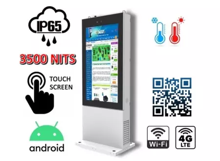totem wolnostojący z czytnikiem kodów kreskowych i QR NoMobi Trex 75 cali infokiosk zewnętrzny monitor dotykowy totem informacyjny