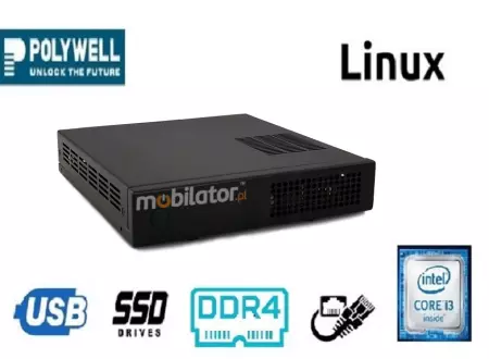 Polywell-HM170L4 i3 v.1 - MiniPC dla przemysłu w odpornej metalowej obudowie, wyposażony w nowoczesny dysk SSD; z wydajnym procesorem Intel Core i3, czterema portami LAN, HDMi, DP I VGA
