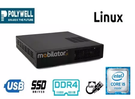 Polywell-HM170L4 i5v.1 - MiniPC dla przemysłu w odpornej metalowej obudowie, wyposażony w nowoczesny dysk SSD; z wydajnym procesorem Intel Core i3, czterema portami LAN, HDMi, DP I VGA