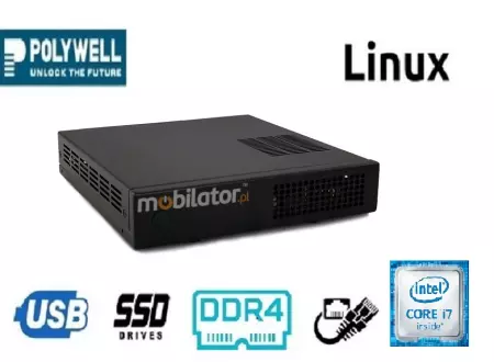 Polywell-HM170L4 i7v.1 - MiniPC dla przemysłu w odpornej metalowej obudowie, wyposażony w nowoczesny dysk SSD; z wydajnym procesorem Intel Core i7, czterema portami LAN, HDMi, DP I VGA