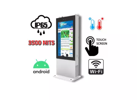 zewnętrzny totem LCD z ekranem o jasności 3500 nitów Gablota zewnętrzna odporna na deszcz i mróz Infokiosk z normą odporności IP65  NoMobi Trex Hi55