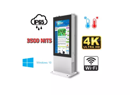 zewnętrzny totem LCD z ekranem o jasności 3500 nitów Gablota zewnętrzna odporna na deszcz i mróz Infokiosk z normą odporności IP65  NoMobi Trex Hi43W