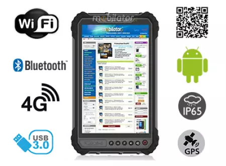 MobiPAD 9TS-5A - wzmocniony tablet przemysłowy z ekranem 8 cali 400 nits, odporny na wstrząsy, Android 11, procesor 8x2.0GHz, 4GB RAM, 64GB ROM, IP65, Skaner 2D Newland N1, WiFi, Bluetooth, GPS, 4G LTE