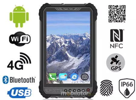 MobiPAD 9TS-6A - Tablet dla kopalni z modułem NFC, Skanerem 2D Newland N1 oraz czytnikiem linii papilarnych. 8-calowy ekran 1280x800, jasność 1000 nits, Android 11, odporny na wodę i wstrząsy IP66. Oferuje 4GB RAM, LTE 4G, WiFi, Bluetooth, bateria 10
