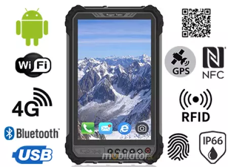 MobiPAD 9TS-6A - Wzmocniony tablet przemysłowy z Android 11, Skaner 2D Newland N1, modułem NFC, czytnikiem linii papilarnych oraz UHF RFID (3-4m). 8-calowy ekran 1280x800 o jasności 1000 nits, odporny na wodę, pył i wstrząsy IP66, z wysokiej precyzji