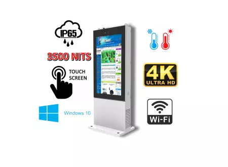 zewnętrzny totem LCD z ekranem o jasności 3500 nitów Gablota zewnętrzna odporna na deszcz i mróz Infokiosk z normą odporności IP65  NoMobi Trex Hi75W