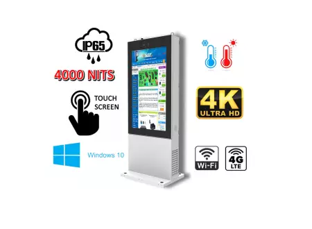 totem zewnętrzny Odporny wyświetlacz reklamowy Totem zewnętrzny o wzmocnionej konstrukcji  75-calowym wyświetlaczem NoMobi Trex Hi75W