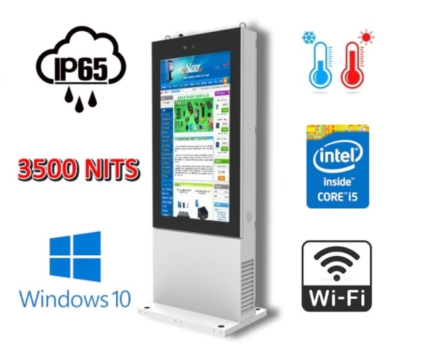 NoMobi Trex 65W v.7 - outdoor information kiosk resistant to external conditions, standing with a 65-inch screen (3500 nits brightness), Windows 10, delivery by sea (about 2.5 months), tempered glass on the screen