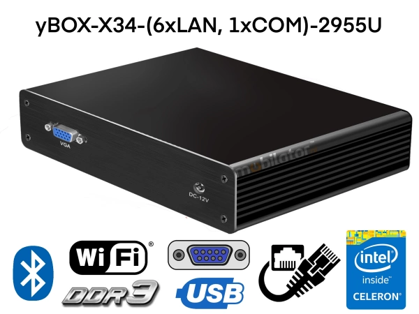 MiniPC yBOX-X34-(6xLAN, 1xCOM)-2955U v.4 - odporny (małe rozmiary) komputer przemysłowy bezwentylatorowy z procesorem Intel Celeron 2955U, 8GB RAM i WiFi