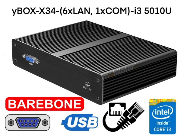 Mały wzmocniony Komputer Przemysłowy Fanless MiniPC yBOX-X34-(6xLAN, 1xCOM)-i3 5010U Barebone