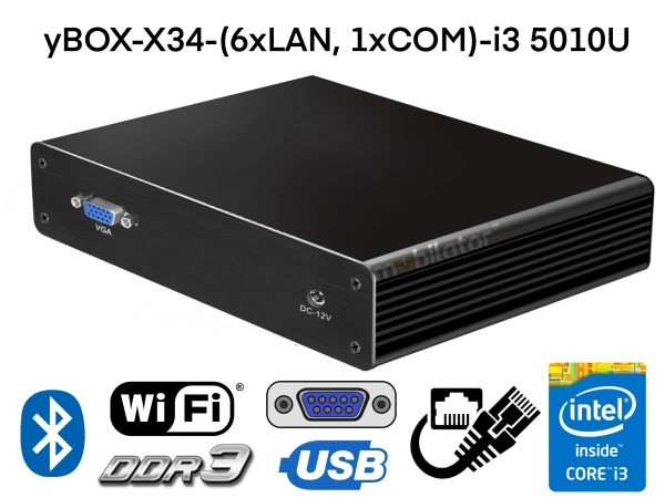MiniPC yBOX-X34-(6xLAN, 1xCOM)-i3 5010U v.5 - odporny mały komputer przemysłowy chłodzony pasywnie z procesorem Intel Core i3, 16GB RAM i dyskiem 1TB SSD
