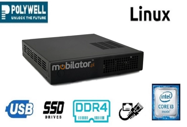 Polywell-HM170L4 i3 v.1 - MiniPC dla przemysłu w odpornej metalowej obudowie, wyposażony w nowoczesny dysk SSD; z wydajnym procesorem Intel Core i3, czterema portami LAN, HDMi, DP I VGA