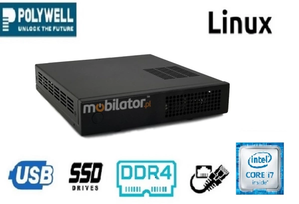 Polywell-HM170L4 i7v.1 - MiniPC dla przemysłu w odpornej metalowej obudowie, wyposażony w nowoczesny dysk SSD; z wydajnym procesorem Intel Core i7, czterema portami LAN, HDMi, DP I VGA