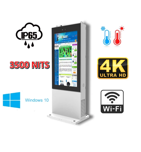zewnętrzny totem LCD z ekranem o jasności 3500 nitów Gablota zewnętrzna odporna na deszcz i mróz Infokiosk z normą odporności IP65  NoMobi Trex Hi43W