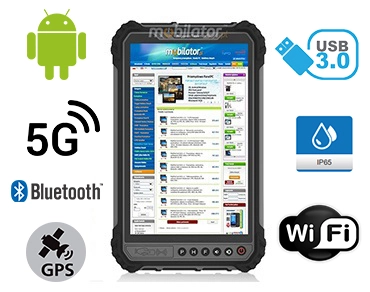 MobiPAD TS9T - tablet przemysłowy odporny na czynniki zewnętrzne z Wysokiej precyzji GPS, norma IP65, 8GB RAM, 256GB ROM, 8-rdzeniowy procesor, Android 10, ekran dotykowy 8 cali, 1920x1200, 5G, 4G LTE, Bluetooth 5.0, idealny do pracy w trudnych warun