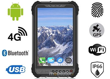 MobiPAD 9TS-6A - Wytrzymały tablet przemysłowy, Android 11, ekran 8 cali, rozdzielczość 1280x800, 4GB RAM, jasność 1000 nits, czytnik linii papilarnych, LTE 4G, procesor 8x2.0GHz, 64GB ROM, bateria 10000mAh