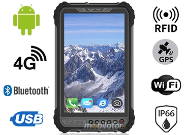 MobiPAD 9TS-6A - Industrial tablet z UHF RFID (3-4m), Android 11, odporny na pył i wodę IP66, 8-calowy ekran dotykowy, 1280x800, 1000 nits, 4GB RAM, LTE 4G, WiFi, Bluetooth, 8-rdzeniowy procesor, bateria 10000mAh