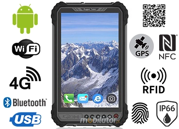 MobiPAD 9TS-6A - Wzmocniony tablet przemysłowy z Android 11, Skaner 2D Newland N1, modułem NFC, czytnikiem linii papilarnych oraz UHF RFID (3-4m). 8-calowy ekran 1280x800 o jasności 1000 nits, odporny na wodę, pył i wstrząsy IP66, z wysokiej precyzji