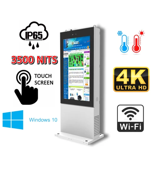 zewnętrzny totem LCD z ekranem o jasności 3500 nitów Gablota zewnętrzna odporna na deszcz i mróz Infokiosk z normą odporności IP65  NoMobi Trex Hi75W
