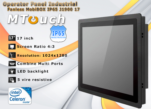 MTouch Operatorski Panel Przemyslowy Fanless MobiBOX IP65 J1900 17 Komputer panelowy Panel PC  Przemysowy komputer panelowy Ekran rezystancyjny 5 wire resistive wywietlacz 17 cali mobilator.pl New Portable Devices Windows RS-232 COM VGA HDMI Intel Celeron 