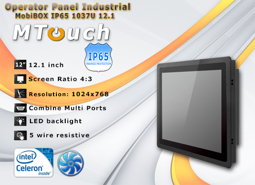 MTouch Operatorski Panel Przemyslowy MobiBOX IP65 1037U 12.1 Komputer panelowy Panel PC  Przemysowy komputer panelowy Ekran rezystancyjny 5 wire resistive wywietlacz 12.1 cali mobilator.pl New Portable Devices Windows RS-232 COM VGA HDMI Intel Celeron 