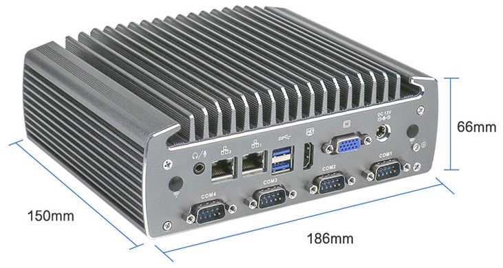 Przemysłowy niewielki mini PC (VGA + HDMI) z wzmocnioną obudową i pasywnym chłodzeniem