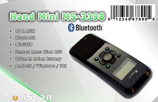 MobiScan Hand Mini MS3398 NEW Bluetooth 2.0 MOBISCAN HAND MINI MS-3398 IP64 Skaner 1D Laser Bezprzewodowy Bluetooth 2.0 Porczny MobiSCAN  Kompatybilny Windows Android IOS mobilator.pl New Portable Devices Mobilne Skanery kodw kreskowych MINI