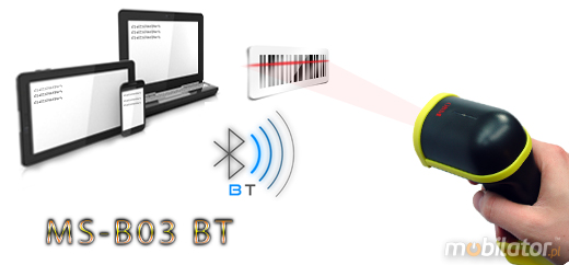 MobiScan Rugged Hand MSB03 Bluetooth 2.0 MOBISCAN MS-B03 Skaner 1D Laser Bezprzewodowy Bluetooth 2.0 Poręczny MobiSCAN IP44 Kompatybilny Windows Android mobilator.pl New Portable Devices Mobilne Skanery kodów kreskowych