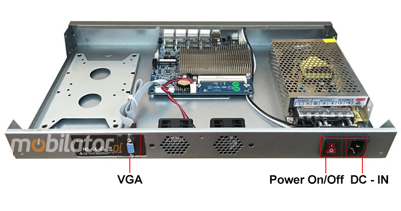 Wzmocniony komputer przemysowy z chodzeniem pasywnym i 4xLAN - do szafy rakowej MiniPC yBOX 1U-J1900 pasywny vga intel mobilator wzmocniony szybki 4 lan rj45