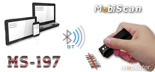 MobiScan MS197 Bluetooth 2.0 / 4.0 MOBISCAN MS-197 Skaner 1D LASER Bezprzewodowy Bluetooth 2.0 Porczny MobiSCAN  Kompatybilny Windows Android IOS mobilator.pl New Portable Devices Mobilne Skanery kodw kreskowych MINI