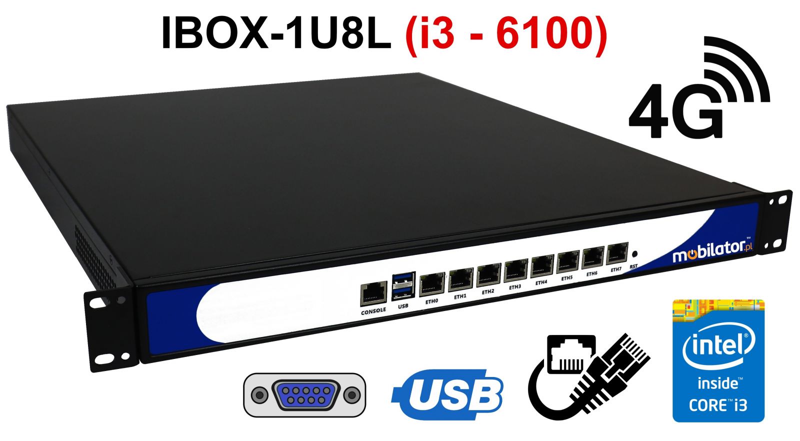 IBOX-1U8L -Nowoczesny komputer przemysowy  fanless 8x LAN do szafy rakowej pasywny vga intel mobilator wzmocniony szybki 8 lan rj45