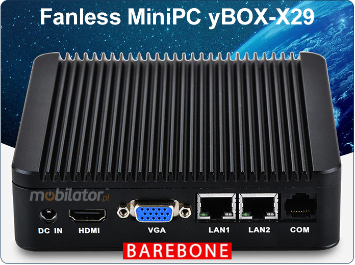Odporny Komputer przemysowy bezwentylatorowy z 2-oma kartami sieciowymi LAN - MiniPC yBOX-X29(2LAN)-J1900 Barebone vga intel mobilator wzmocniony szybki 2x lan rj45
