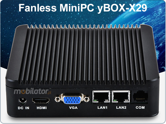 Odporny Komputer przemysowy bezwentylatorowy z 2-oma kartami sieciowymi LAN - MiniPC yBOX-X29(2LAN)-J1900 vga intel mobilator wzmocniony szybki 2x lan rj45