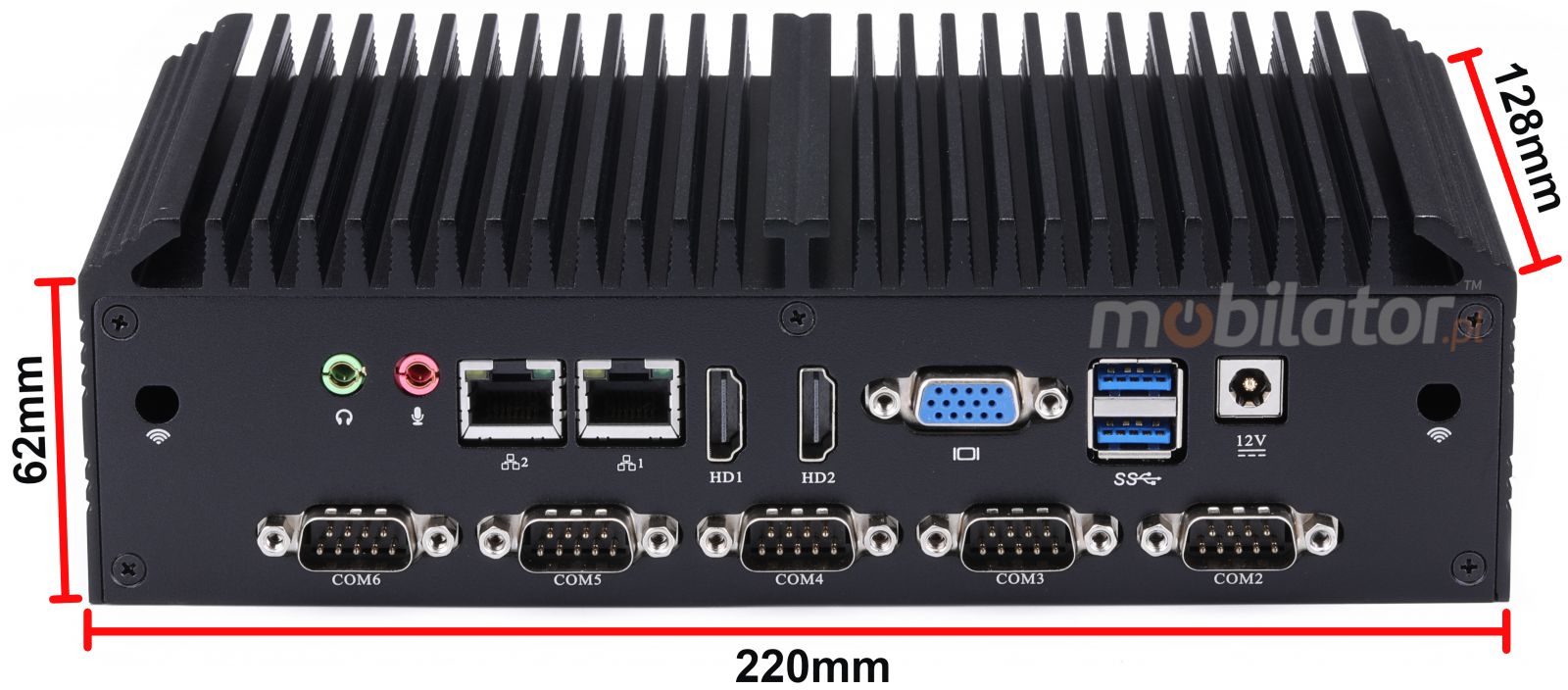 mBox X105 v.6 - wytrzymaly Mini PC z dyskiem HDD o pojemnoci 500GB / 16GB RAM / Wifi + Bluetooth / 2 porty HDMI (6x RS-232, 4x USB 3.0) - Wymiary