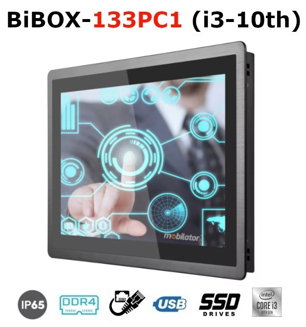 BiBOX-133PC1 (i3-10th) Przemysowy komputer panelowy PanelPC z nowoczesnym procesorem i3 norm odpornoci IP65 na ekran (1xLAN, 4xUSB)